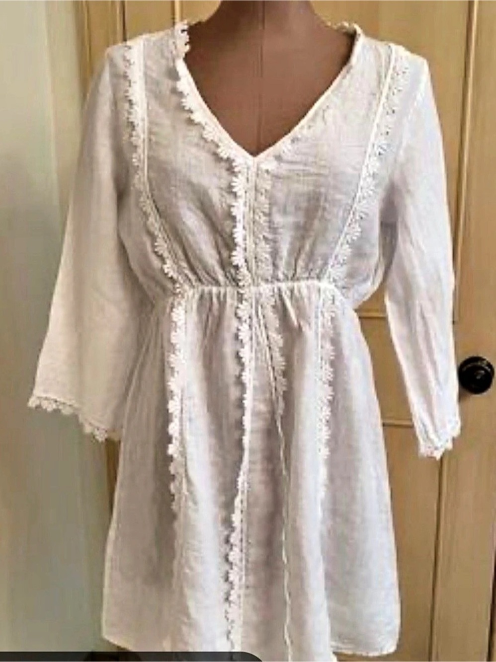 Valentina Naldi White 100% Linen Lace V-Neck Mini Dress size39 S